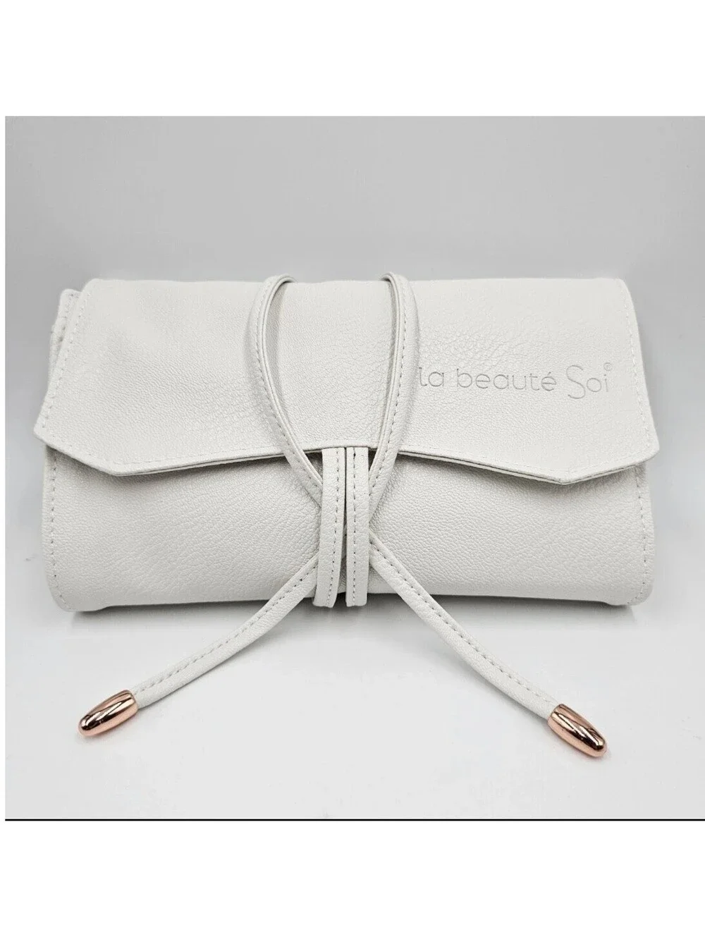 La Beaute Soi 10 Piece Makeup Brush Set  White Vegan Leather Travel Roll Case